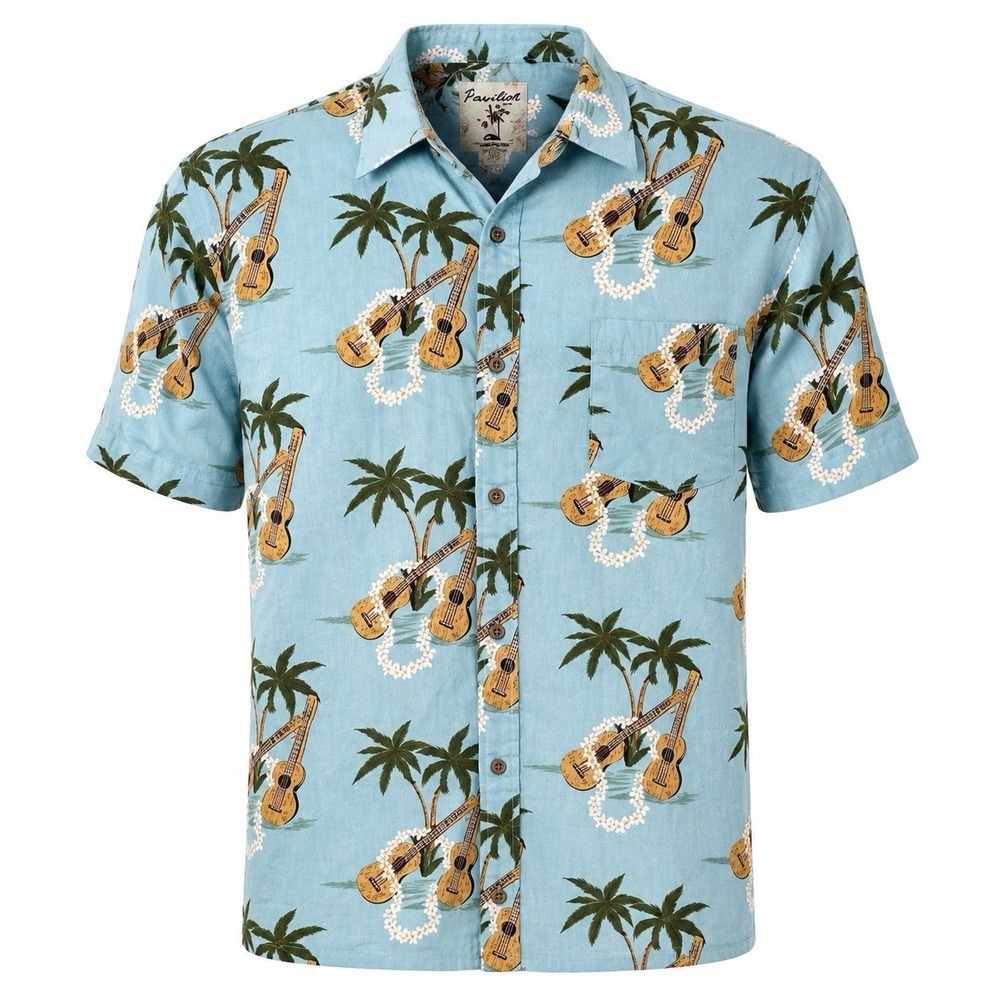 Coastal Men's Large Hawaiian Shirt Tropical Print Short Sleeve Guitars Cotton